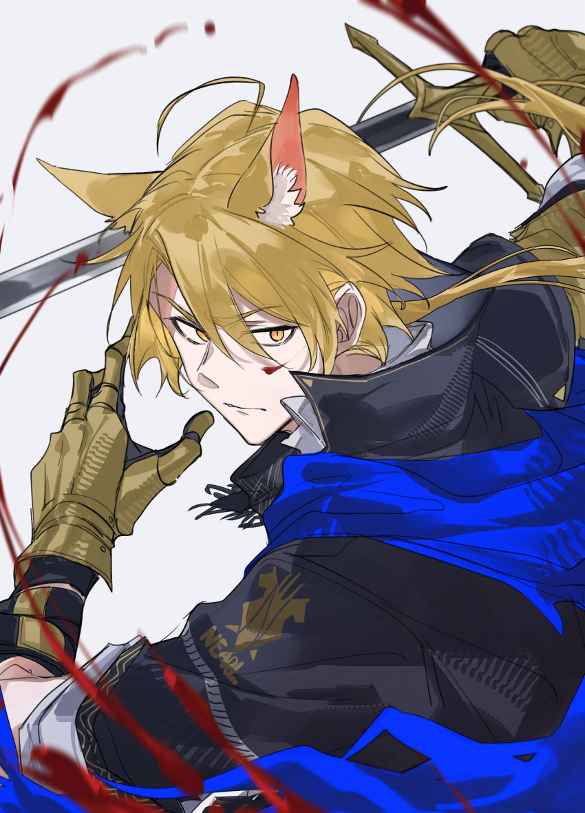 1boy, absurdres, animal_ear_fluff, animal_ears, arknights, black_shirt, blonde_hair, blood