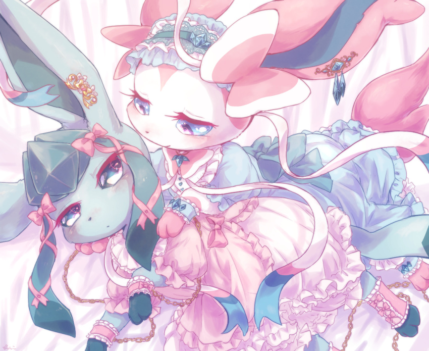 animal_focus, blue_fur, blue_sclera, clothed_pokemon, colored_sclera, commentary_request, dress, evolutionary_line