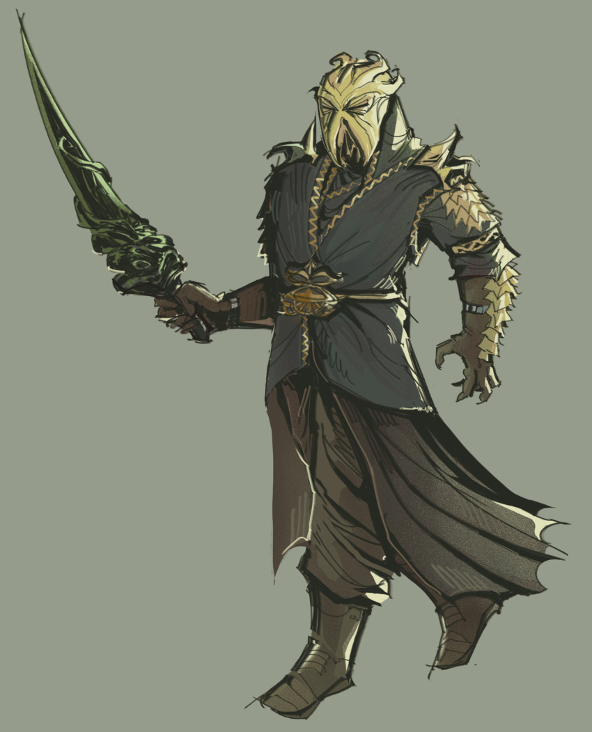 1boy, armor, belt, black_robe, boots, brown_boots, brown_gloves, brown_pants, commentary, english_commentary, firstblade_(short_sword), full_body, gloves, green_sword, grey_background, highres, holding, holding_sword, holding_weapon, jckpot, male_focus, mask, miraak, miraak's_mask, pants, robe, short_sword, shoulder_armor, sketch, solo, sword, the_elder_scrolls, the_elder_scrolls_v:_skyrim, walking, weapon