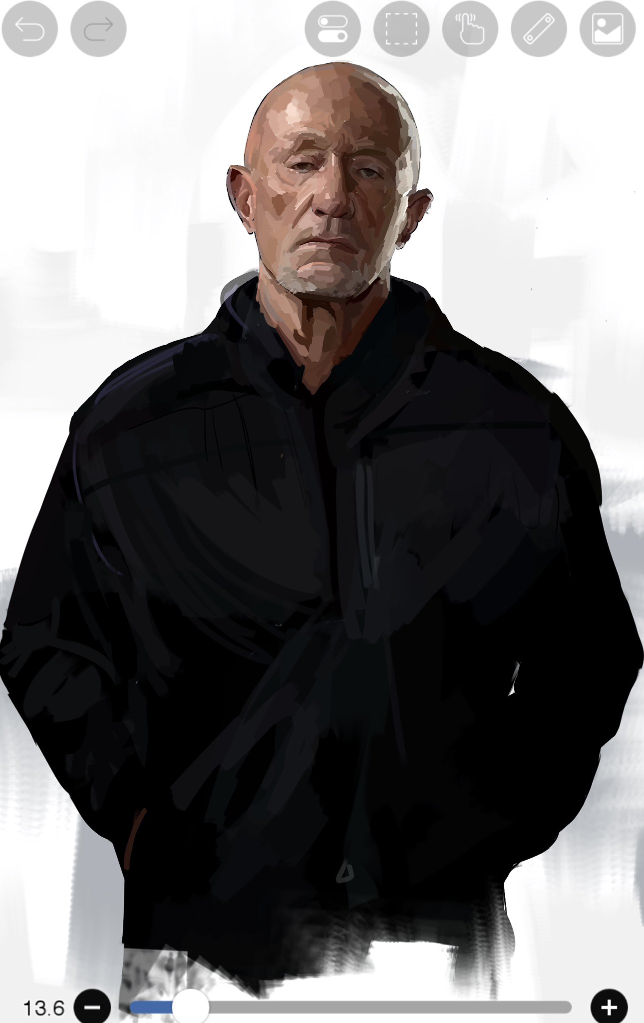 1boy, art_program_in_frame, bald, beard, better_call_saul, black_jacket, breaking_bad, evenibal, facial_hair, goatee, hand_in_pocket, highres, jacket, male_focus, mike_ehrmantraut, old, old_man, sketch, solo, white_beard, white_facial_hair