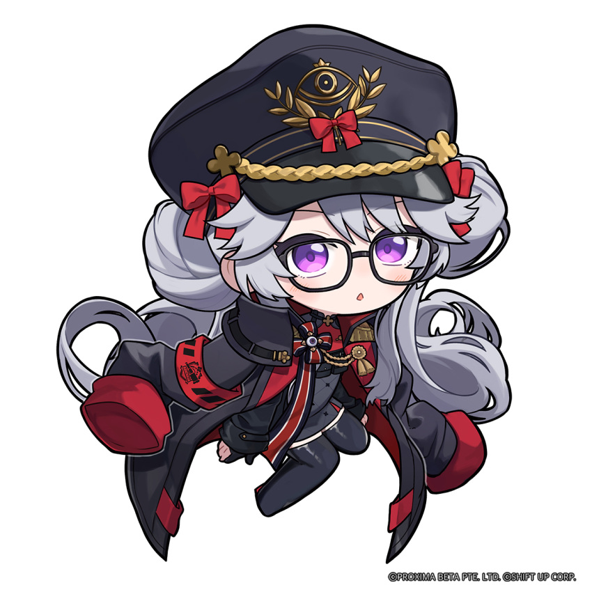 1girl, armband, avistar_(nikke), black_gloves, black_hat, blush, chibi, coat