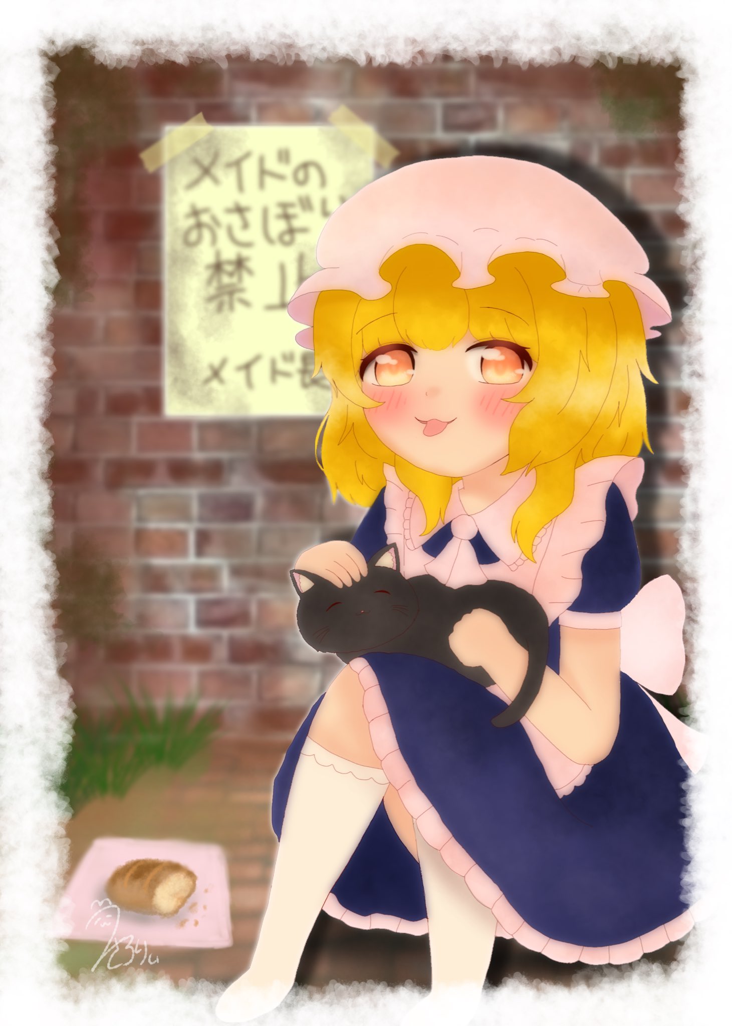 1girl, :p, animal_on_lap, ascot, back_bow, black_cat, blonde_hair, blue_dress, blush, border, bow, bread, brick_wall, cat, cat_on_lap, commentary_request, dress, food, frilled_dress, frilled_dress_collar, frills, hat, highres, kneehighs, maid, mob_cap, napkin, on_ground, on_lap, original, petting, short_sleeves, signature, sitting, socks, solo, tongue, tongue_out, translation_request, usamerry_22, white_ascot, white_border, white_hat, white_socks, yellow_eyes