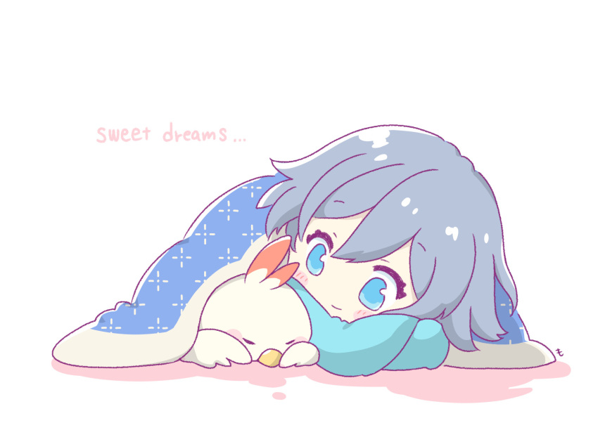 1girl, bed_sheet, black_hair, blue_eyes, blue_pajamas, chibi, closed_mouth, commentary_request