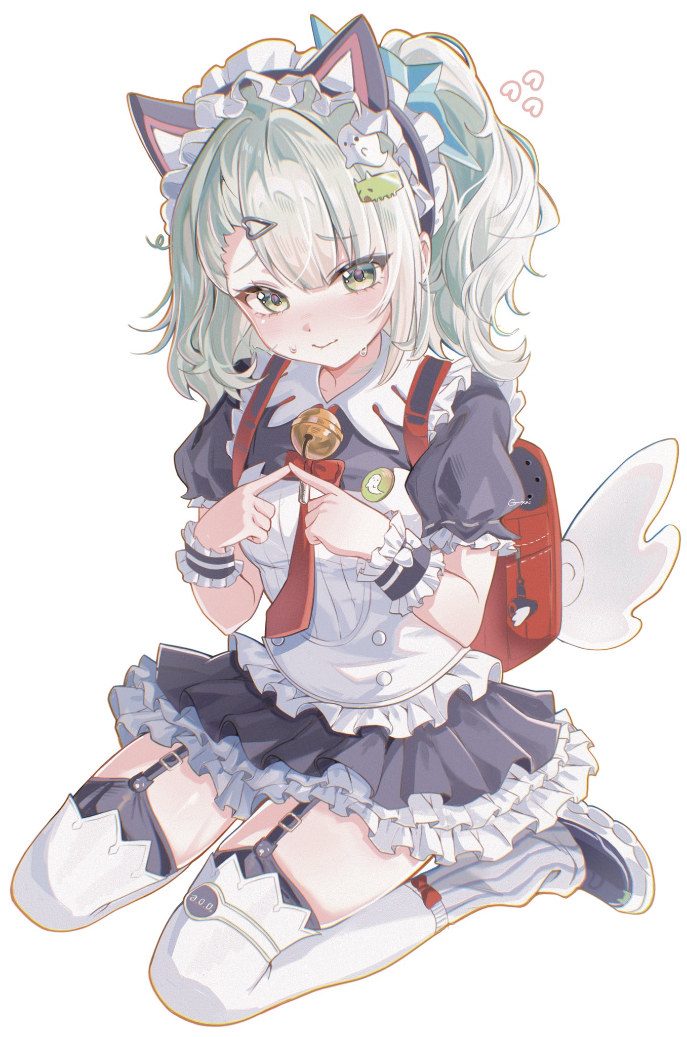 1girl, animal_ear_hairband, animal_ears, bag, bell, black_dress, black_garter_straps, blush