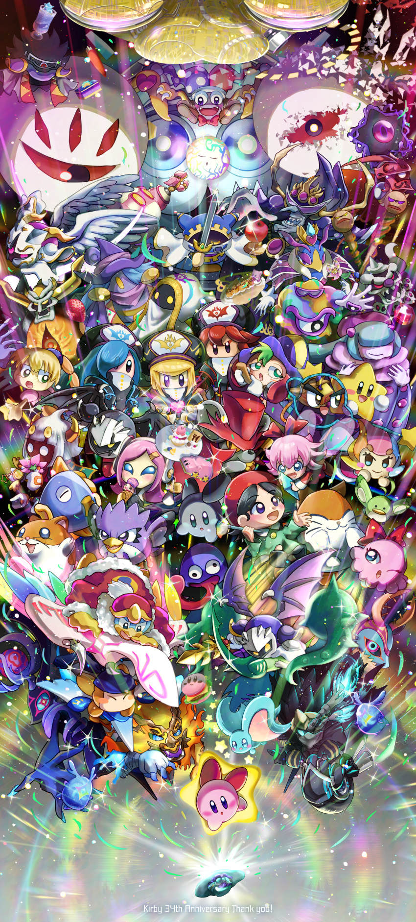 6+girls, absurdres, anniversary, beret, bird, black_hair, blonde_hair, blue_eyes, blue_hair, bow, bowtie, burger, car-mouth_cake, character-themed_food, character_request, commentary_request, copyright_request, danepoyo_111, everyone, flamberge_(kirby), food, francisca_(kirby), green_eyes, hat, highres, holding, holding_paintbrush, holding_sword, holding_weapon, ice_cream_cone, king_dedede, kirby, kirby's_epic_yarn, kirby:_right_back_at_ya!, kirby_(series), kirby_and_the_forgotten_land, kirby_burger, kirby_star_allies, meta_knight, multiple_girls, one_eye_closed, open_mouth, paintbrush, pink_hair, red_bow, red_bowtie, red_hair, susie_(kirby), sword, tongue, tongue_out, violet_eyes, weapon, white_hair, wings, yellow_eyes, zan_partizanne