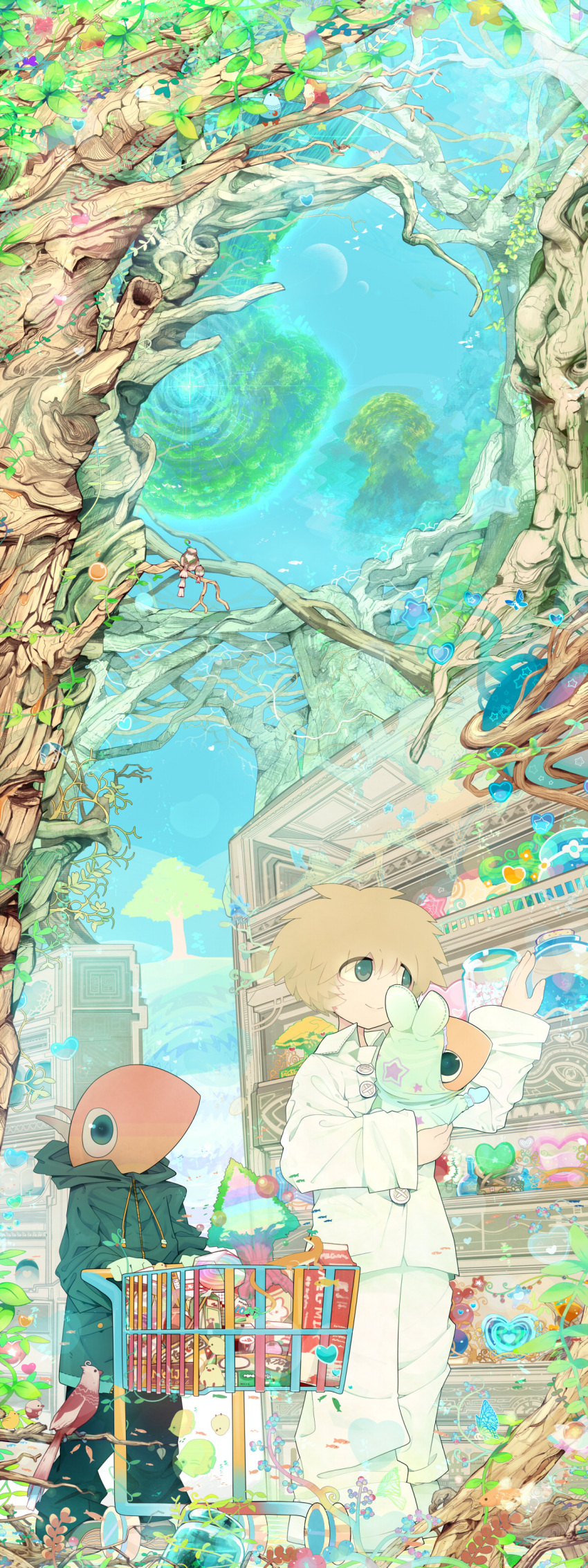 blonde_hair, blue_eyes, child, clothes, female, grocery_cart, highres, jacket, mononoke_(empty), original, pants, shopping_cart, tree
