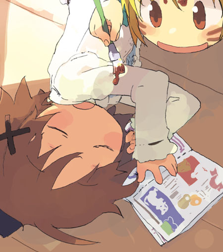 2girls, archived_source, blonde_hair, blush, brown_eyes, brown_hair, cardigan, closed_eyes