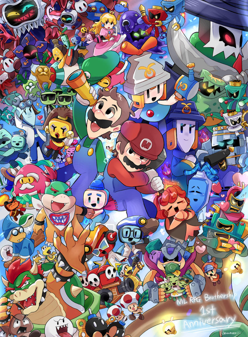 absurdres, anniversary, black-framed_eyewear, black_hair, blonde_hair, bowser, broom, brown_hair