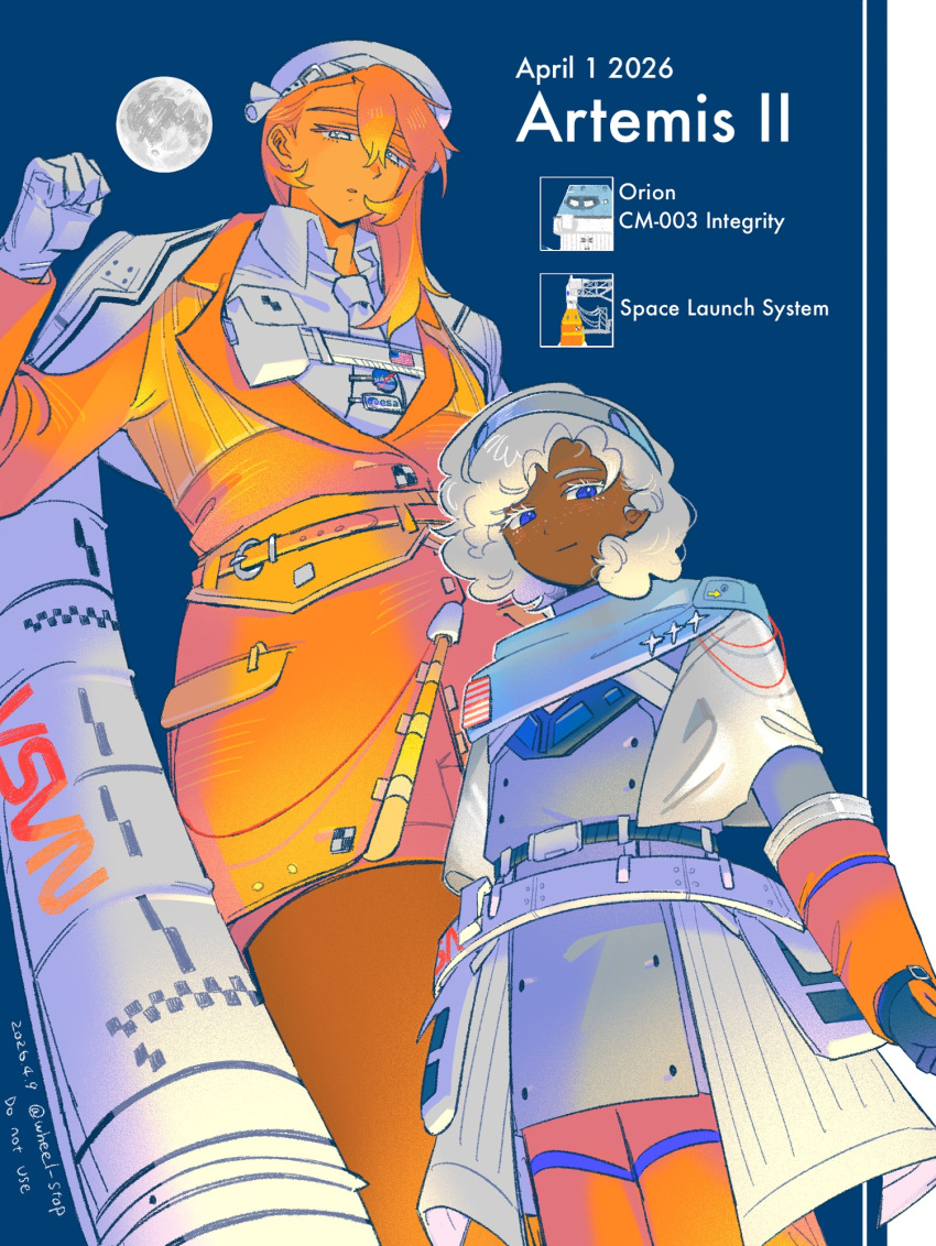 2girls, american_flag, artemis_program, blue_eyes, colored_eyelashes, colored_skin, commentary_request, dark_skin