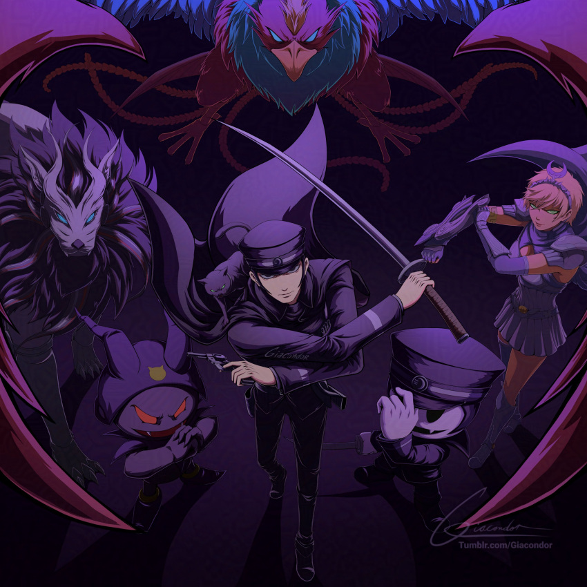 1boy, 1girl, absurdres, animal, animal_ear_fluff, animal_on_shoulder, artemis_(megami_tensei), beak