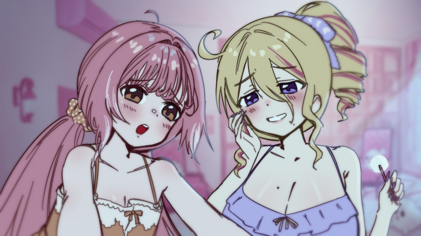 absurdres, blonde_hair, blush, bow, breasts, commentary, drill_hair, english_commentary, heartsync, highres, kumu_cotton, large_breasts, locket(heartsync), mole, mole_on_breast, mole_under_mouth, multicolored_hair, open_mouth, orange_eyes, pink_hair, ponytail, purple_nails, siena_olena, siena_olena_(artist), sleepwear, small_breasts, smile, streaked_hair, two-tone_hair, violet_eyes, white_hair