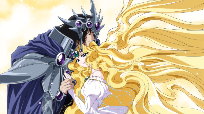 1boy, 1girl, armor, bandai_namco_entertainment, bandai_namco_games, banpresto, bare_shoulders, black_hair