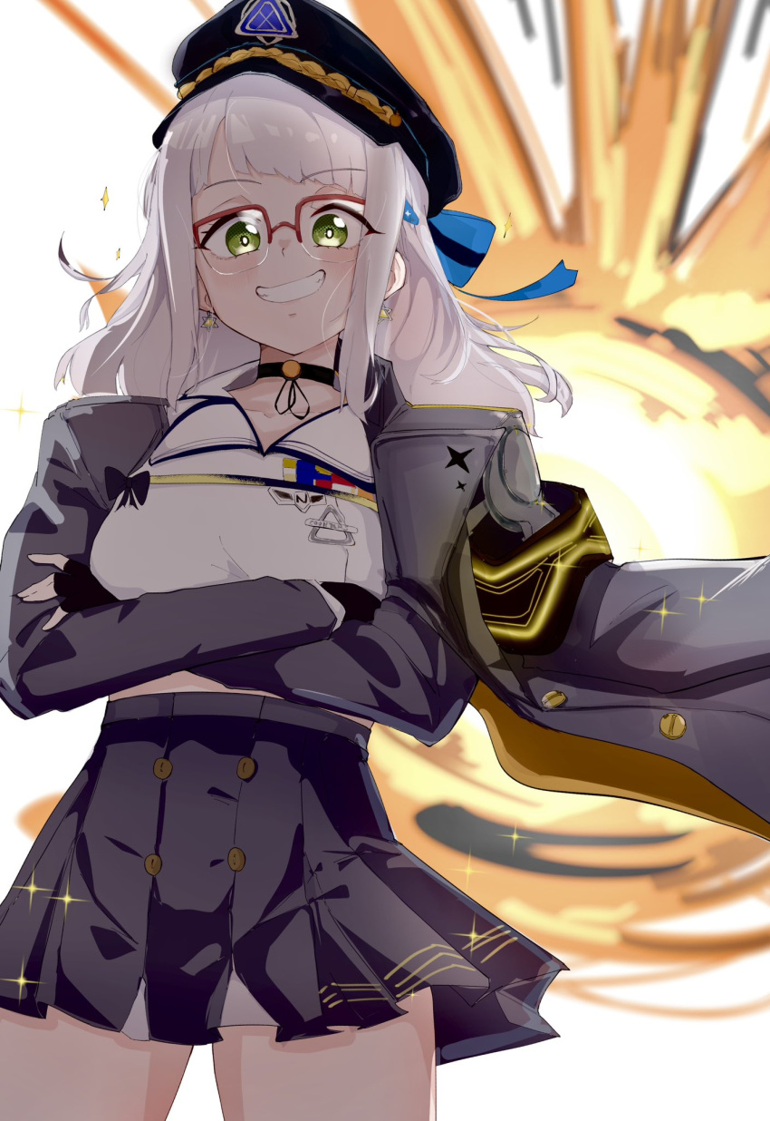 1girl, black_choker, black_coat, black_gloves, black_hat, black_skirt, cain_lk, choker