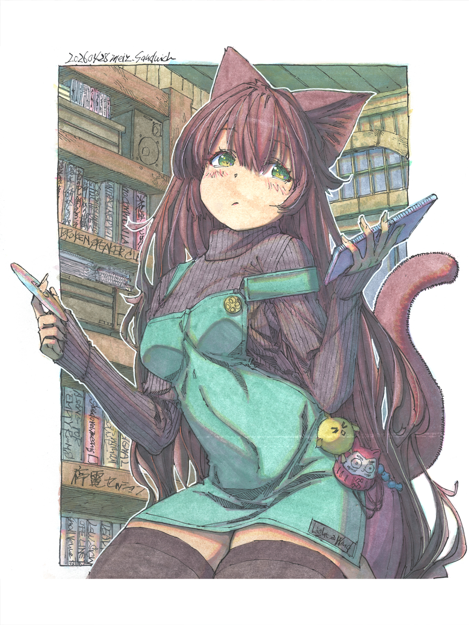 1girl, :/, animal_ear_fluff, animal_ears, apron, blush, border, breasts