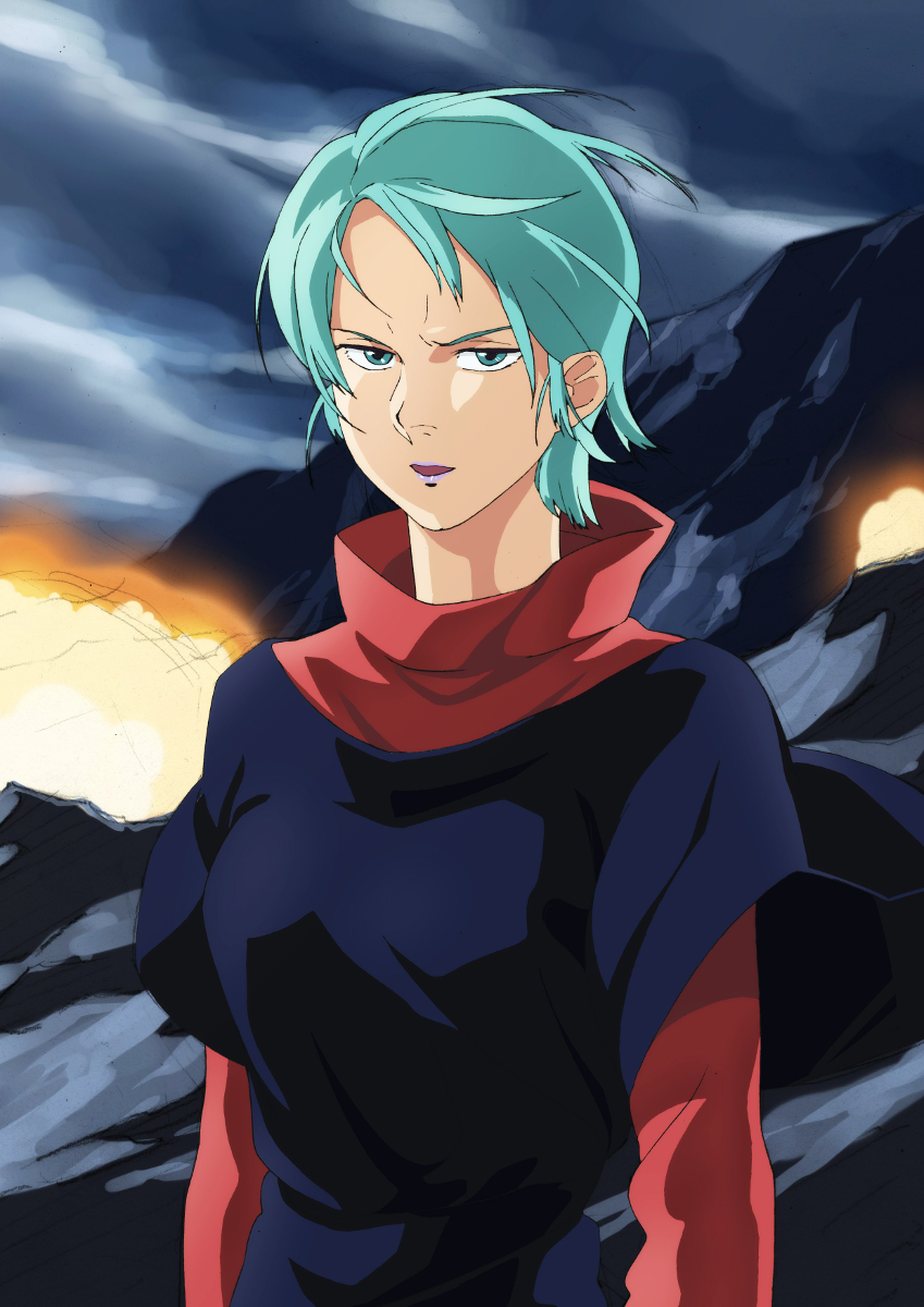 1980s_(style), 1girl, angry, aqua_hair, battle, clouds, cloudy_sky, commentary_request