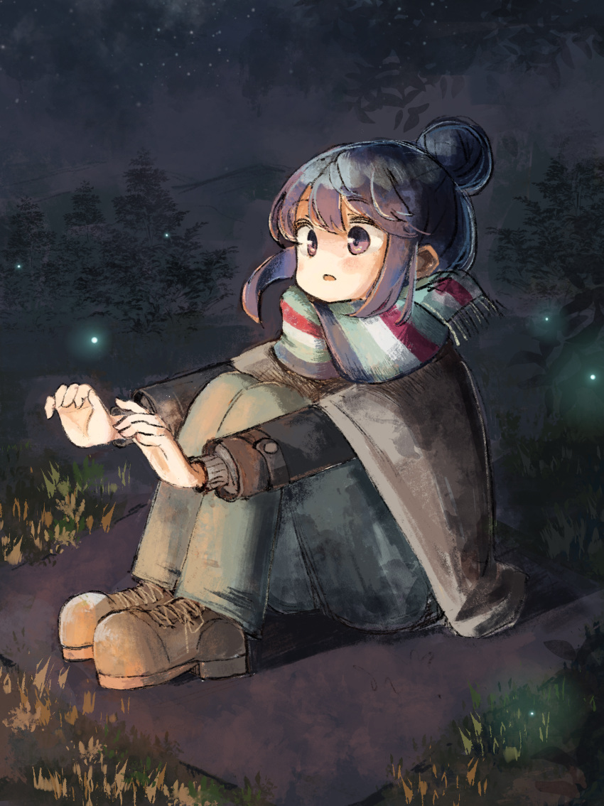 1girl, absurdres, black_jacket, blanket, blue_hair, blue_pants, blue_scarf, boots