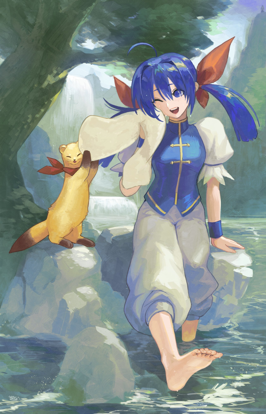 1girl, ;d, absurdres, ahoge, baggy_pants, barefoot, blue_eyes, blue_hair