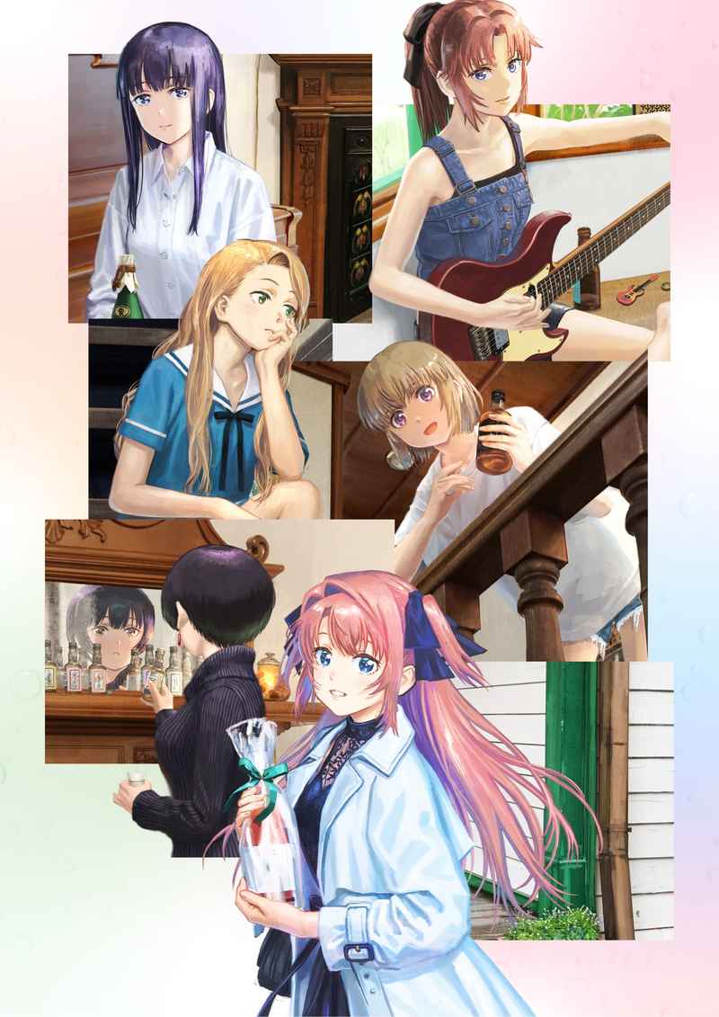 6+girls, alcohol, black_ribbon, blonde_hair, blue_eyes, blue_shirt, bottle, chang_chin-lan