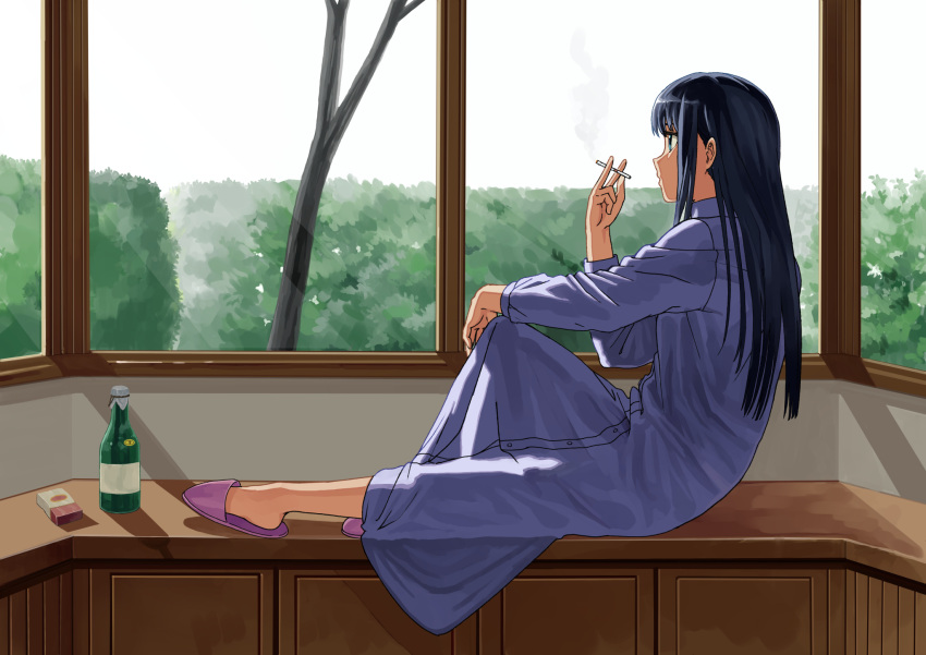 1girl, black_hair, bottle, bush, cigarette, commentary_request, gujyo_kanade, highres, holding, holding_cigarette, k19664663k, kamiina_botan_yoeru_sugata_wa_yuri_no_hana, long_hair, purple_slippers, robe, sitting, slippers, smoking, tree, violet_eyes