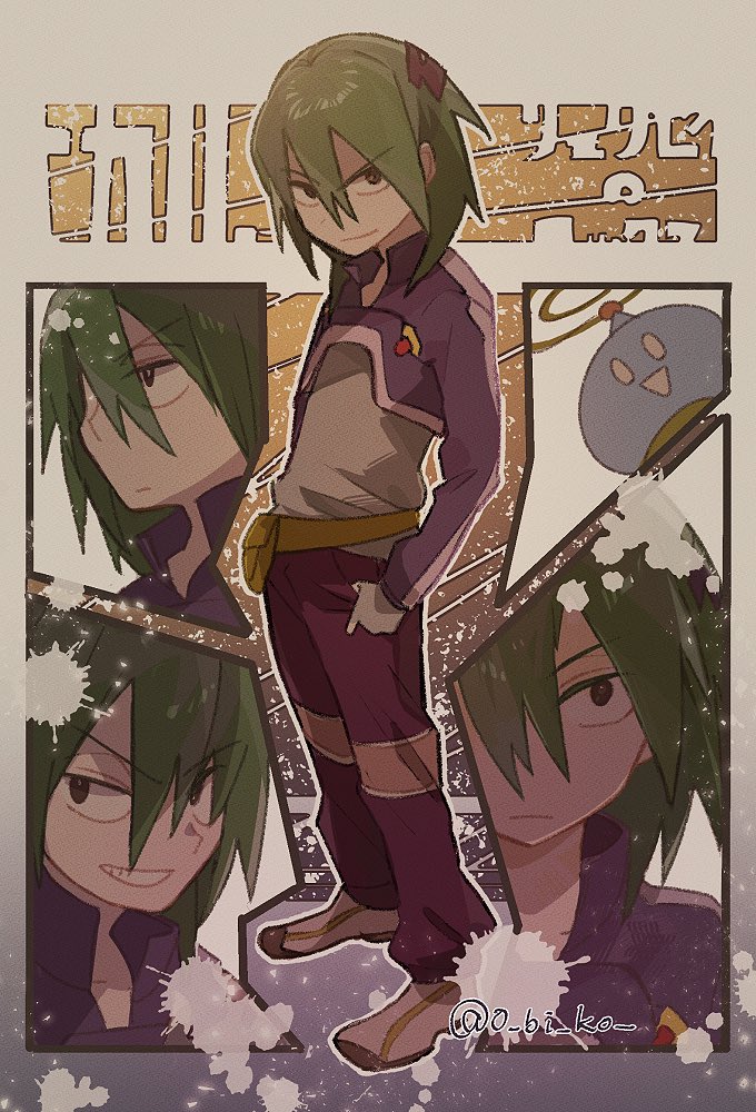 1boy, closed_mouth, commentary_request, cropped_jacket, green_hair, hair_between_eyes, hertz_(mega_man), jacket