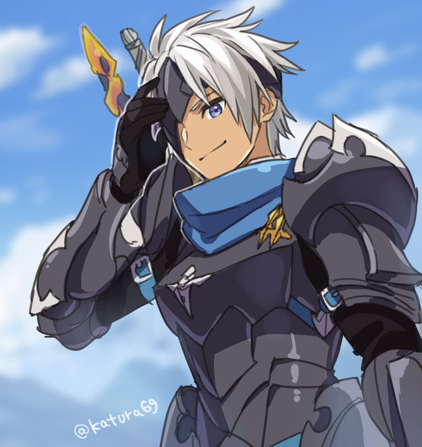 1boy, absurdres, alphen_(tales), armor, black_armor, black_gloves, black_mask, blue_eyes, blurry, blurry_background, broken_mask, closed_mouth, clouds, day, gloves, highres, katsura_ichiho, looking_at_viewer, male_focus, mask, mask_over_one_eye, outdoors, sky, solo, spiky_hair, sword, sword_on_back, tales_of_(series), tales_of_arise, twitter_username, weapon, weapon_on_back, white_hair