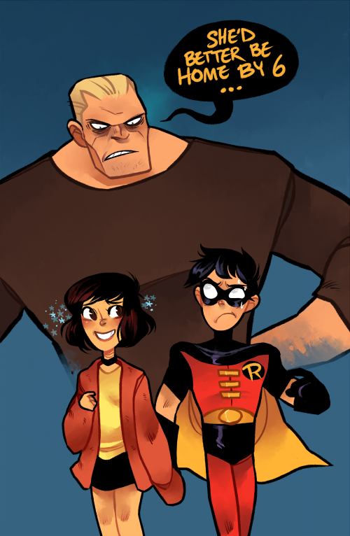 1girl, 2boys, age_difference, angry, annie_(batman), arms_behind_back, balding, batman_(series)