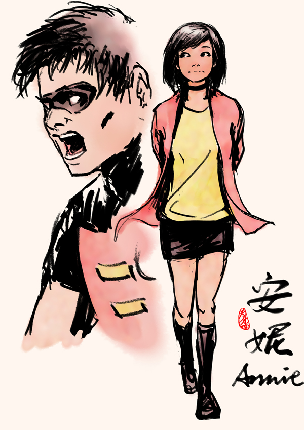 1boy, 1girl, :|, annie_(batman), arms_behind_back, artist_name, batman_(series), black_boots, black_cape, black_choker, black_eyes, black_hair, black_skirt, blank_eyes, bob_cut, bodysuit, boots, breasts, cape, cardigan, character_name, chinese_text, choker, closed_mouth, commentary, cropped_torso, dc_comics, domino_mask, english_commentary, eye_mask, floating_clothes, full_body, inverted_bob, knee_boots, long_sleeves, looking_to_the_side, mask, miniskirt, nose, open_cardigan, open_clothes, open_mouth, pencil_skirt, red_bodysuit, red_cardigan, robin_(dc), shirt, short_hair, short_sleeves, shouting, signature, simple_background, sketch, skirt, small_breasts, superhero_costume, swept_bangs, the_new_batman_adventures, tianwaitang, tim_drake, turtleneck, walking, white_background, yellow_shirt