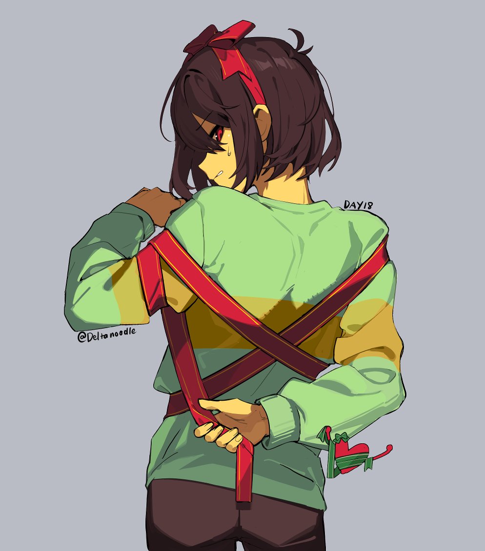 1other, angry, brown_hair, brown_pants, clenched_teeth, deltanoodle, deltarune, gift_wrapping