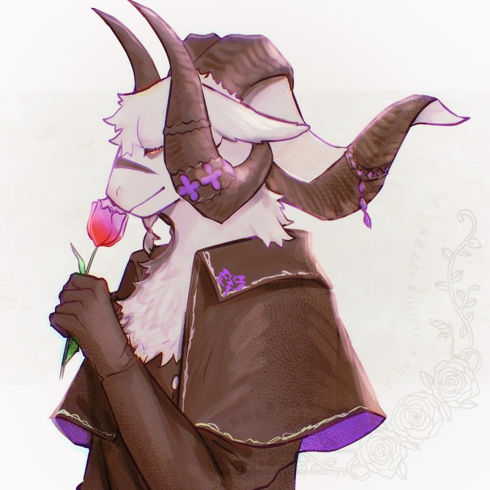 1boy, body_fur, braid, brown_capelet, brown_coat, capelet, closed_eyes, coat, commentary_request, flower, furry, furry_male, goat_boy, goat_horns, grey_background, holding, holding_flower, horn_ornament, horns, hukurom, live_a_hero, male_focus, multiple_horns, pink_flower, pink_tulip, single_braid, smelling, smelling_flower, solo, tulip, upper_body, vlaham_(live_a_hero), white_fur