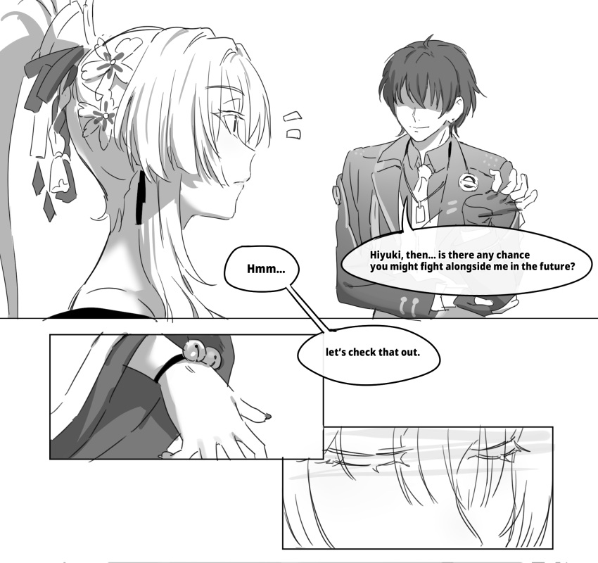 1boy, 1girl, black_hair, black_jacket, collarbone, colored_eyelashes, commentary, english_commentary