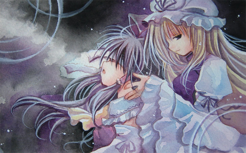 bandage, bandages, black_hair, blonde_hair, floating_hair, frilled_sleeves, hair_tubes, hakurei_reimu
