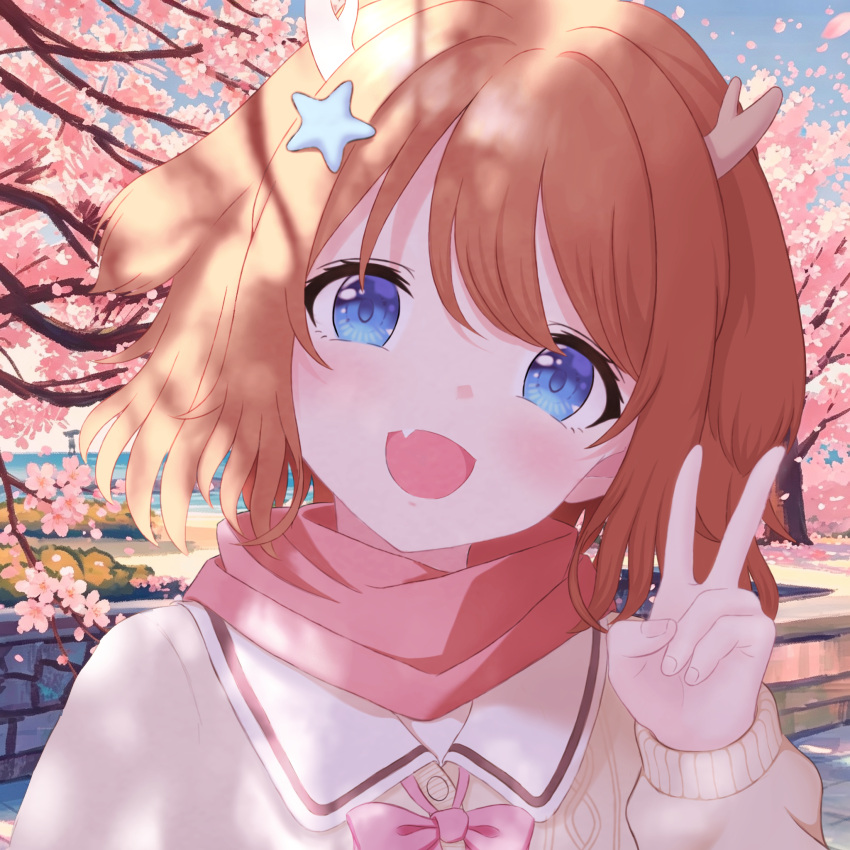 1girl, antlers, blue_eyes, blush, bow, bowtie, brown_hair, cherry_blossoms
