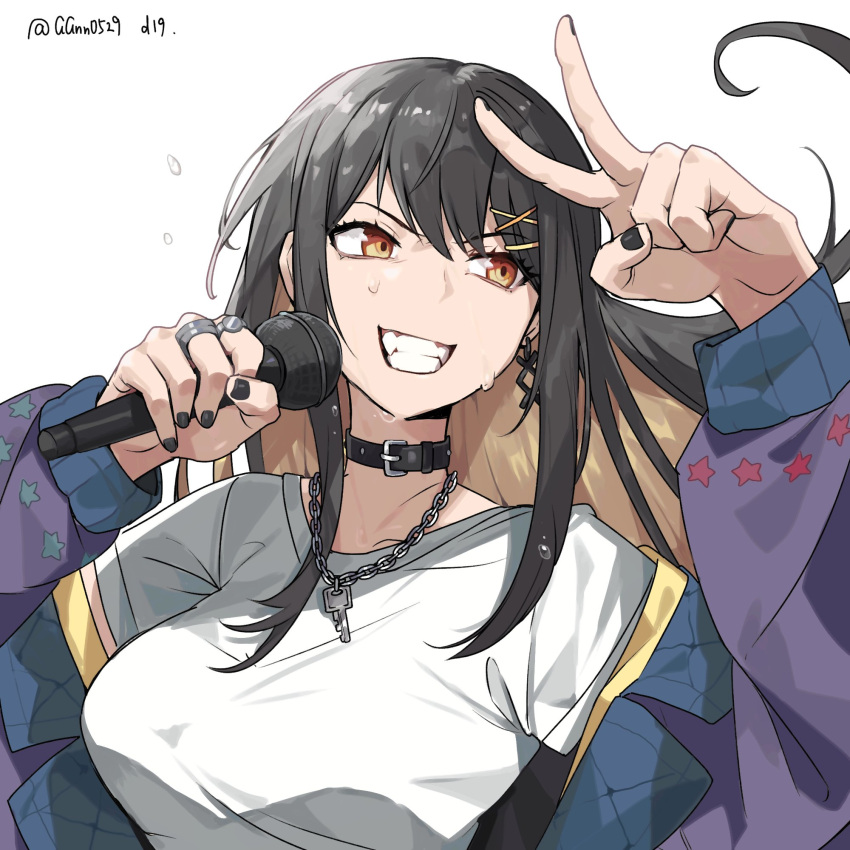 1girl, bang_dream!, bang_dream!_our_notes, black_choker, black_hair, black_nails, breasts, brown_eyes, brown_hair, choker, clenched_teeth, colored_inner_hair, guagua977, highres, holding, holding_microphone, jacket, jewelry, long_hair, medium_breasts, microphone, multicolored_hair, multiple_rings, nail_polish, necklace, off_shoulder, purple_jacket, ring, short_sleeves, simple_background, solo, suga_raika, sweat, teeth, v, white_background