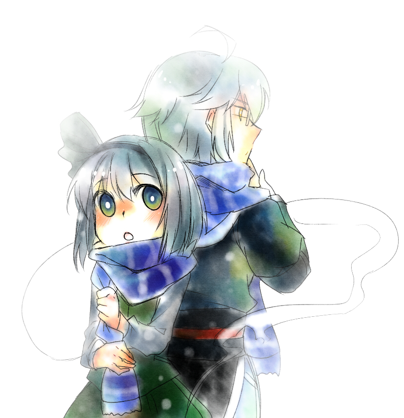 back-to-back, bad_id, blush, bow, ghost, glasses, green_eyes, grey_hair