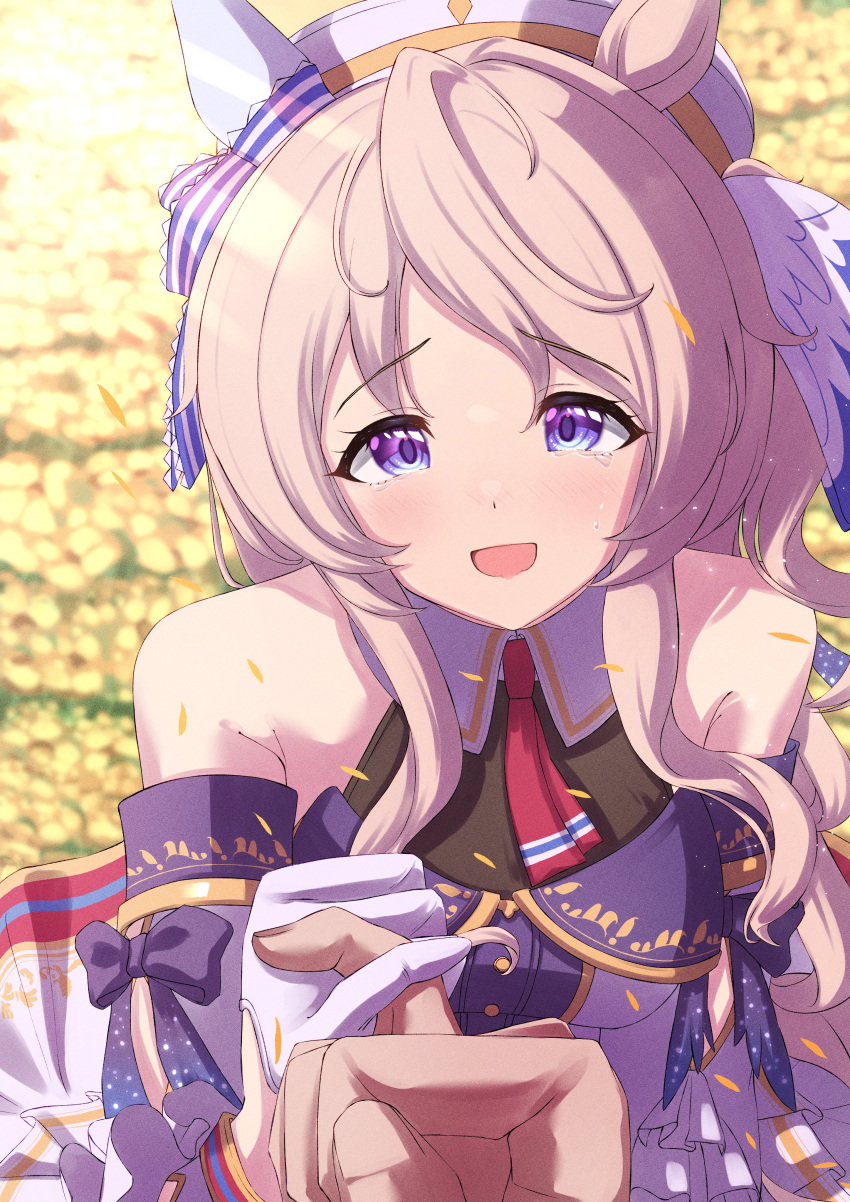 1girl, 1other, absurdres, animal_ears, ascot, bare_shoulders, blonde_hair, blue_eyes, blush, breasts, commentary_request, detached_sleeves, dress, ear_covers, gloves, hair_between_eyes, hat, highres, horse_ears, horse_girl, long_hair, looking_at_viewer, open_mouth, pinky_out, pinky_swear, red_ascot, single_ear_cover, smile, solo_focus, sonicxeon, umamusume, victoire_pisa_(lueur_angelique)_(umamusume), victoire_pisa_(umamusume), white_dress, white_gloves
