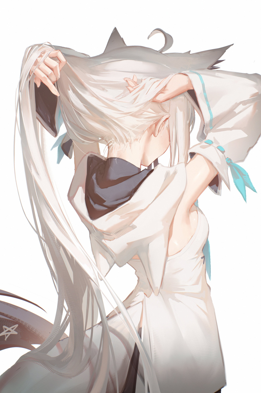 1girl, absurdres, ahoge, animal_ears, arms_up, black_shorts, breasts, commentary