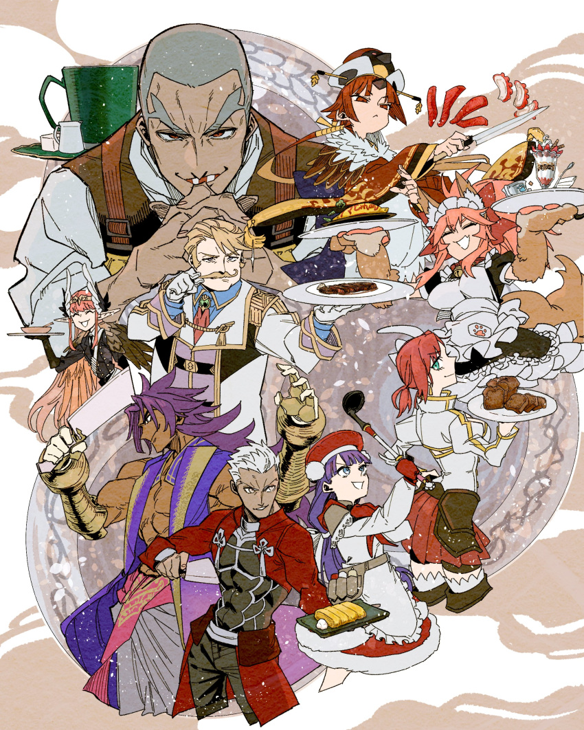 4boys, 5girls, absurdres, alexandre_dumas_(fate), animal_ears, animal_hands, apron, archer_(fate), beni-enma, beni-enma_(first_ascension), beret, bhima_(fate), blonde_hair, boudica_(fate), boudica_(second_ascension)_(fate), circe_(fate), coffee, commentary_request, cooking, dark-skinned_male, dark_skin, facial_hair, fang, fate/grand_order, fate_(series), food, fox_ears, fox_tail, gloves, goredolf_musik, grey_hair, hat, highres, holding, holding_tray, interlocked_fingers, kitchen_knife, knife, kykeon, ladle, maid_apron, maid_headdress, martha_(fate), martha_(santa)_(fate), meat, multiple_boys, multiple_girls, mustache, omelet, omurice, parfait, paw_gloves, pink_hair, pointy_ears, purple_hair, red_hair, sa10_e, skin_fang, strawberry_parfait, tail, tamamo_cat_(fate), tamamo_cat_(second_ascension)_(fate), tray, twirling_mustache, white_gloves, wings