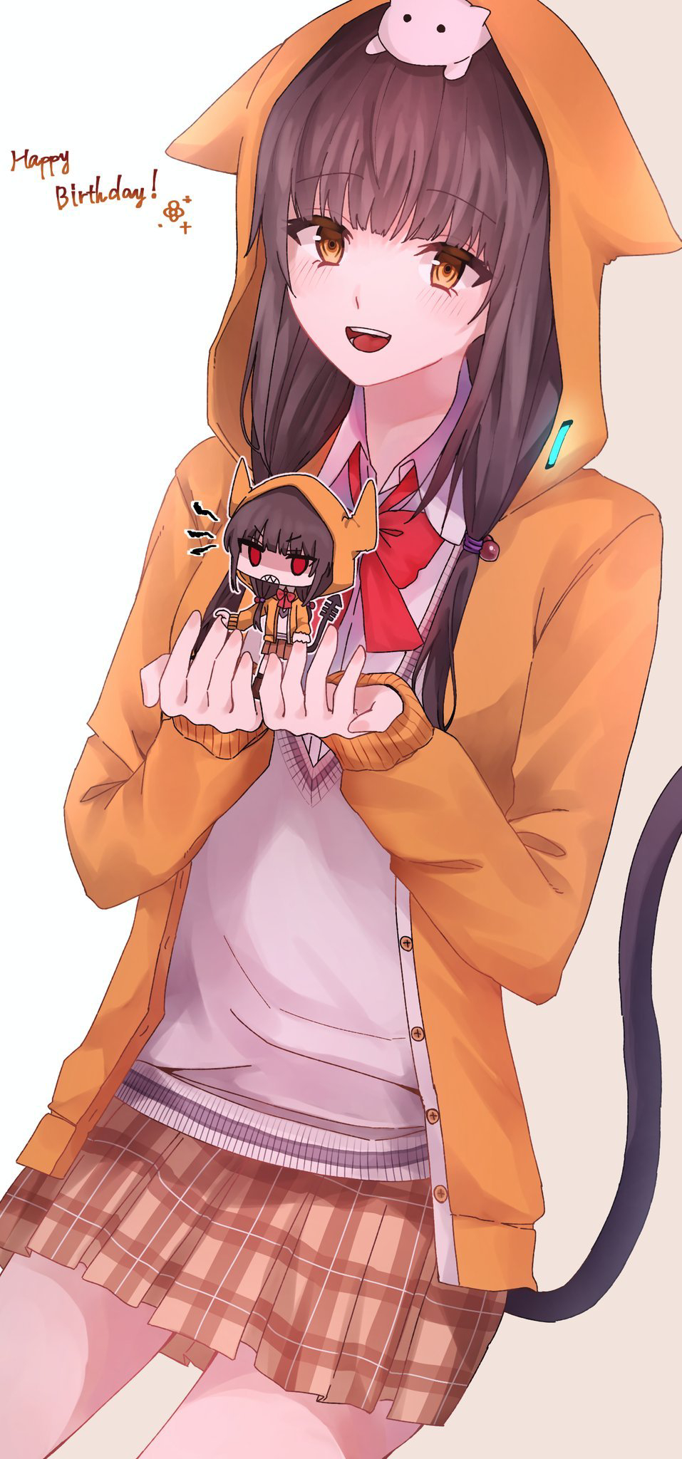 2girls, :d, animal_ears, animal_hood, animal_on_head, asakura_karen_(heaven_burns_red), black_hair, blunt_bangs