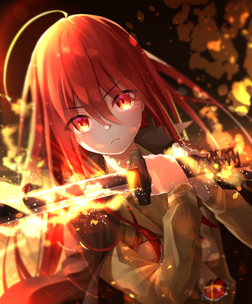 >:(, 1girl, absurdres, ahoge, ajimi_jiro, alastor_(shakugan_no_shana), closed_mouth, commentary
