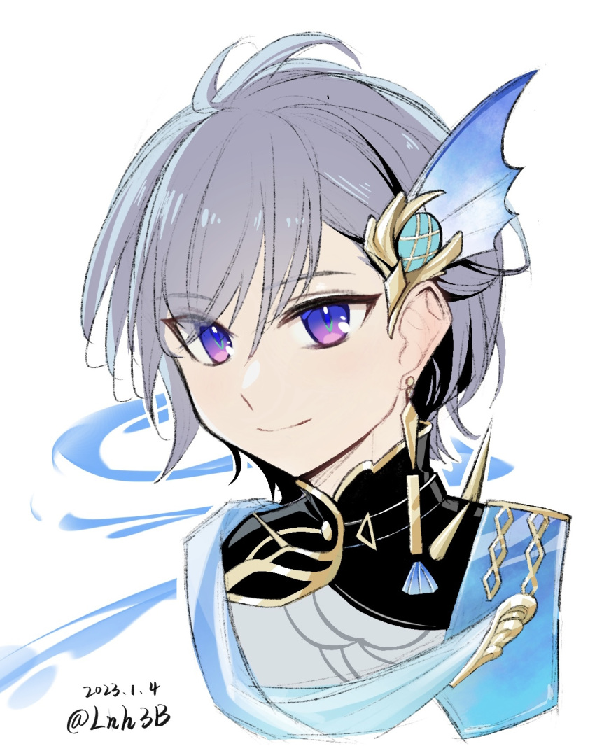 1boy, blue_eyes, blue_hair, closed_mouth, earrings, grey_hair, highres, icarus_(tower_of_fantasy)