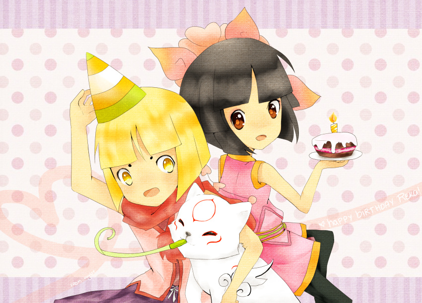 black_hair, blonde_hair, cake, candle, capcom, chibiterasu, dress, facial_mark