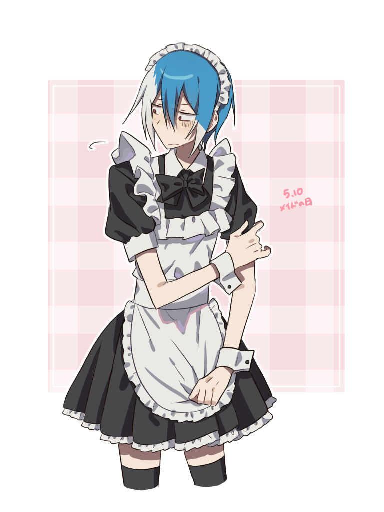 1boy, adjusting_clothes, alternate_costume, apron, arm_across_waist, bare_arms, black_bow, black_bowtie