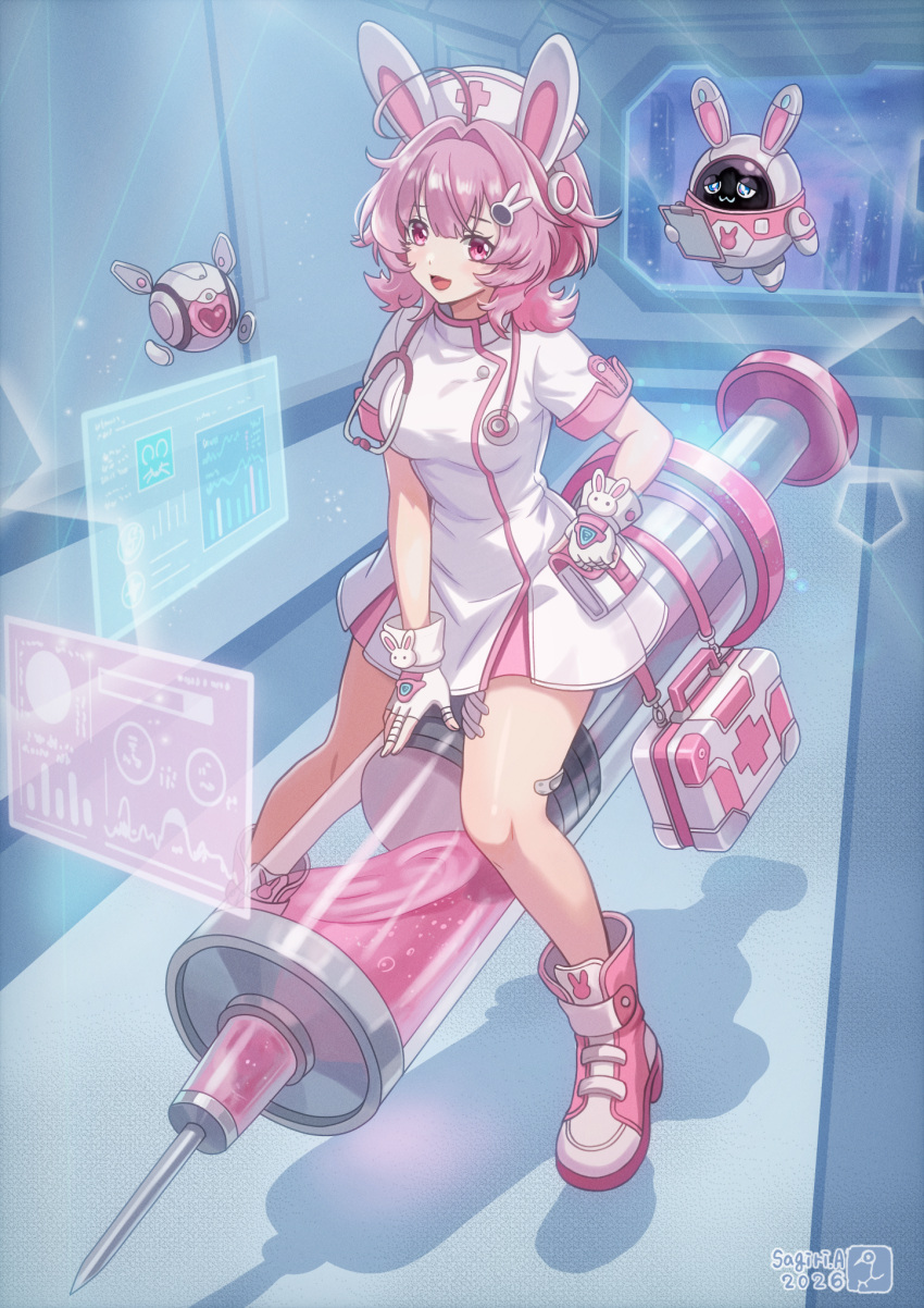 1girl, ahoge, animal_ears, asukamama89, chiz_(neverness_to_everness), commentary_request, dress, fingerless_gloves