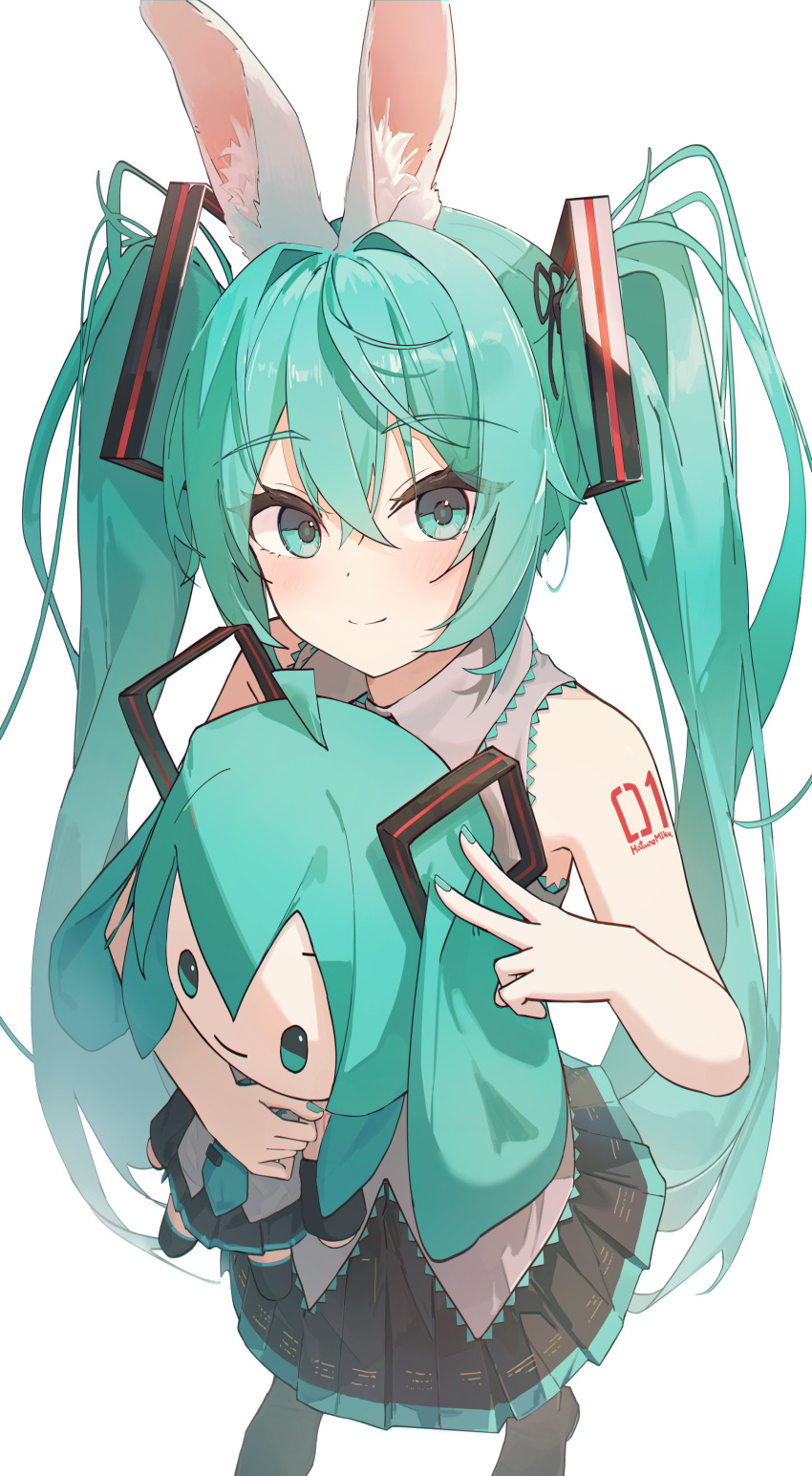 1girl, absurdres, animal_ears, aqua_eyes, aqua_hair, black_skirt, closed_mouth, collared_shirt
