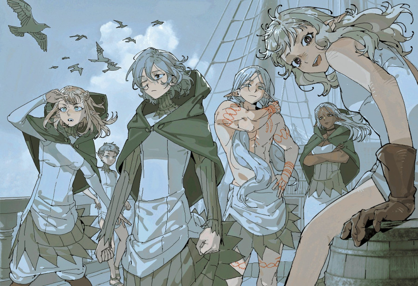 2boys, 4girls, arm_tattoo, bird, blonde_hair, braid, brown_gloves, choker