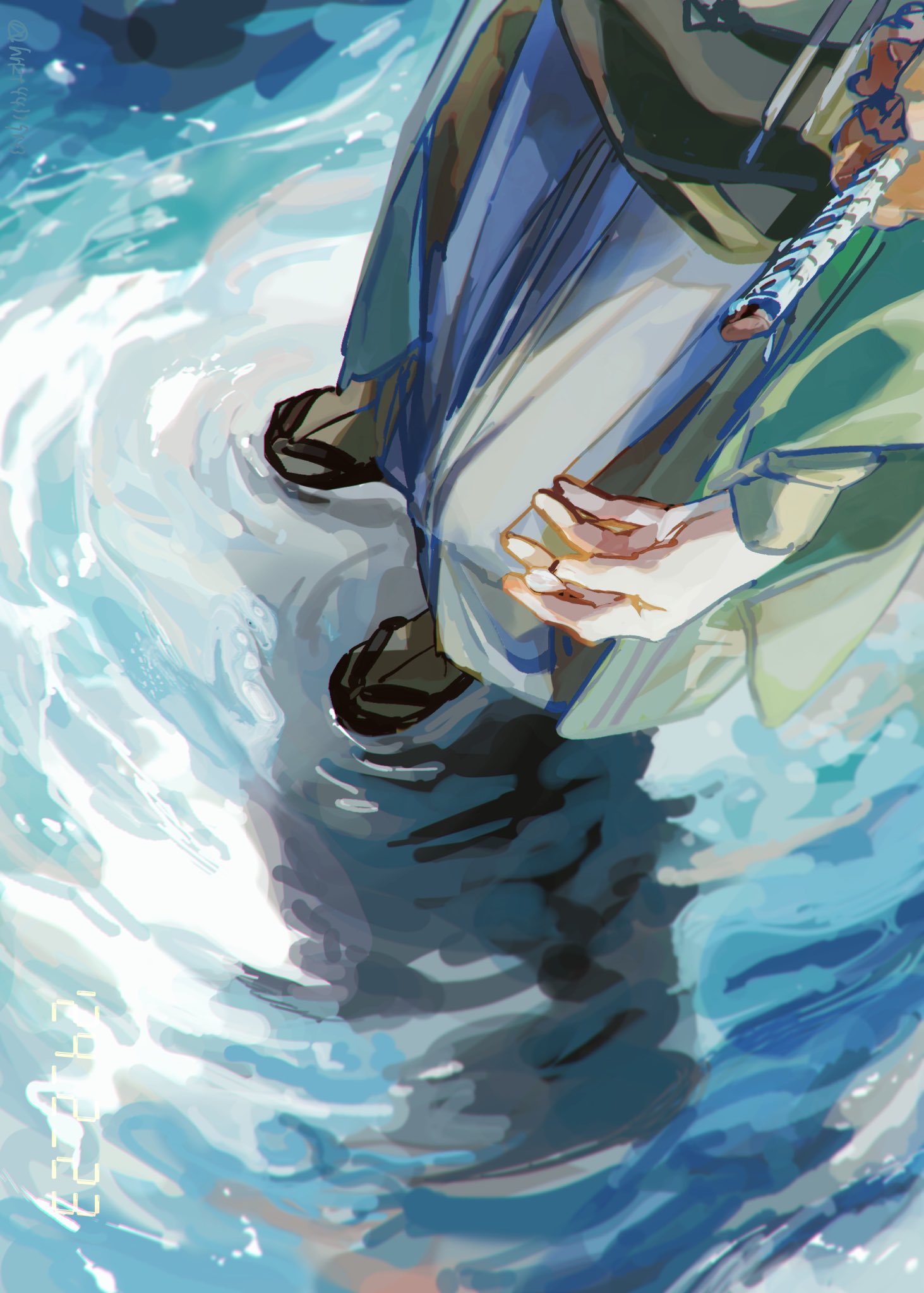 1boy, fate/grand_order, fate_(series), green_haori, hakama, haori, head_out_of_frame, highres, hrkt_(fructo), japanese_clothes, katana, long_sleeves, ripples, sandals, solo, standing, sword, water, weapon, yamanami_keisuke_(fate), zouri