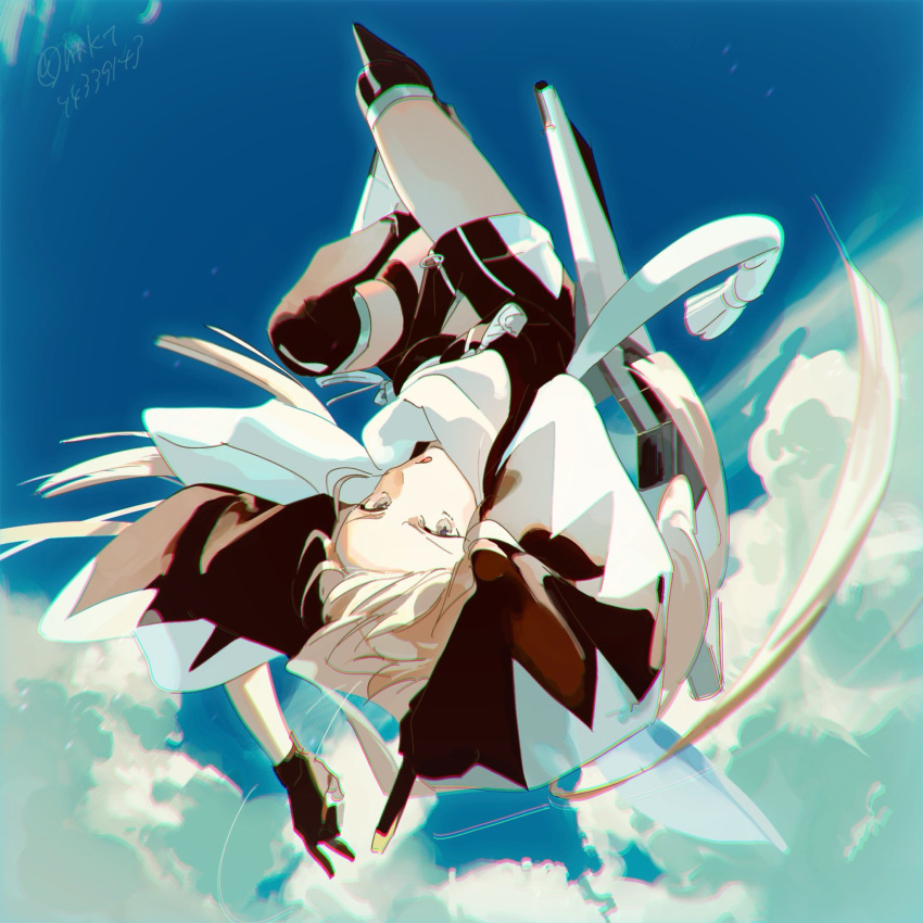 1girl, artist_name, black_gloves, blonde_hair, clouds, cloudy_sky, commentary_request, fate/grand_order, fate_(series), flying, gloves, grey_eyes, hair_up, highres, holding, holding_sword, holding_weapon, hrkt_(fructo), long_hair, looking_at_viewer, okita_j._souji_(fate), okita_j._souji_(third_ascension)_(fate), okita_souji_(fate), sky, solo, sword, twitter_username, weapon
