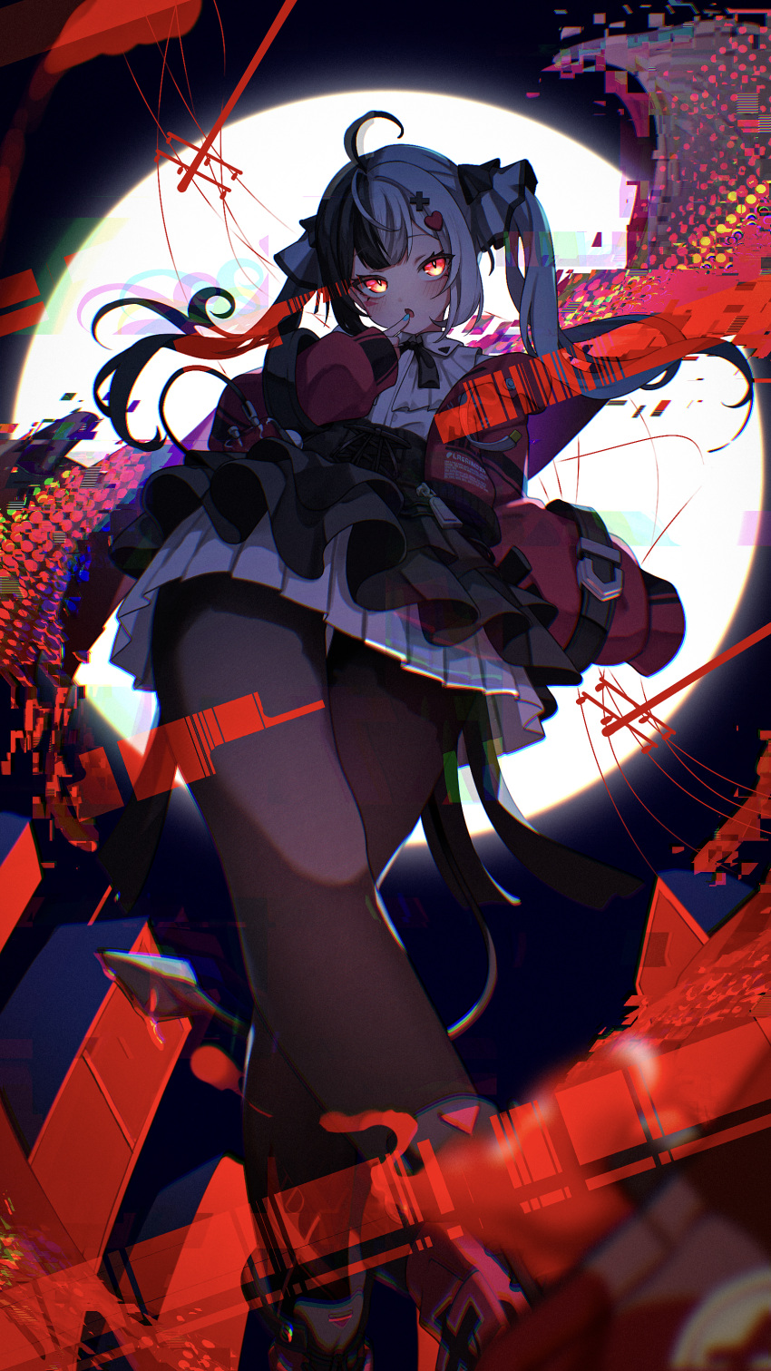 1girl, absurdres, ahoge, aqua_nails, black_hair, black_skirt, blush, cardigan