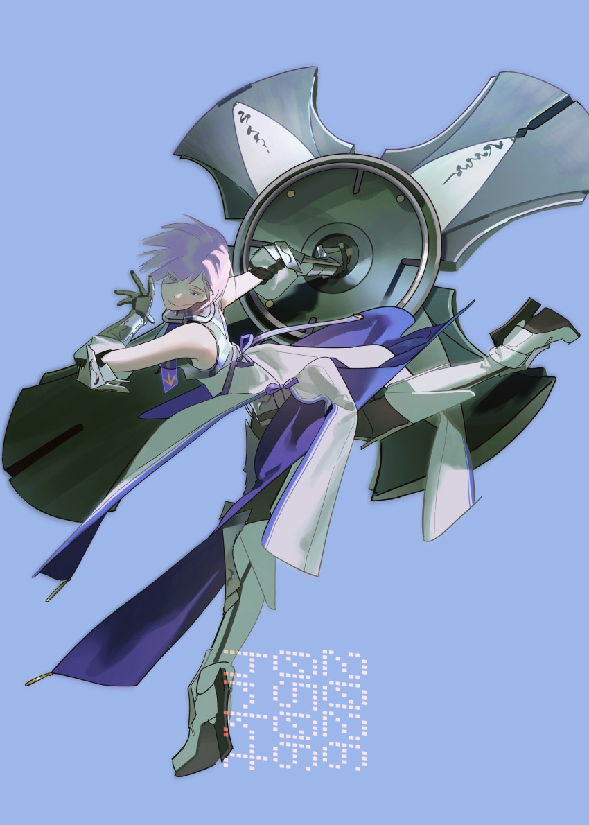 1girl, absurdres, armor, armored_boots, artist_name, bare_shoulders, blue_background, boots
