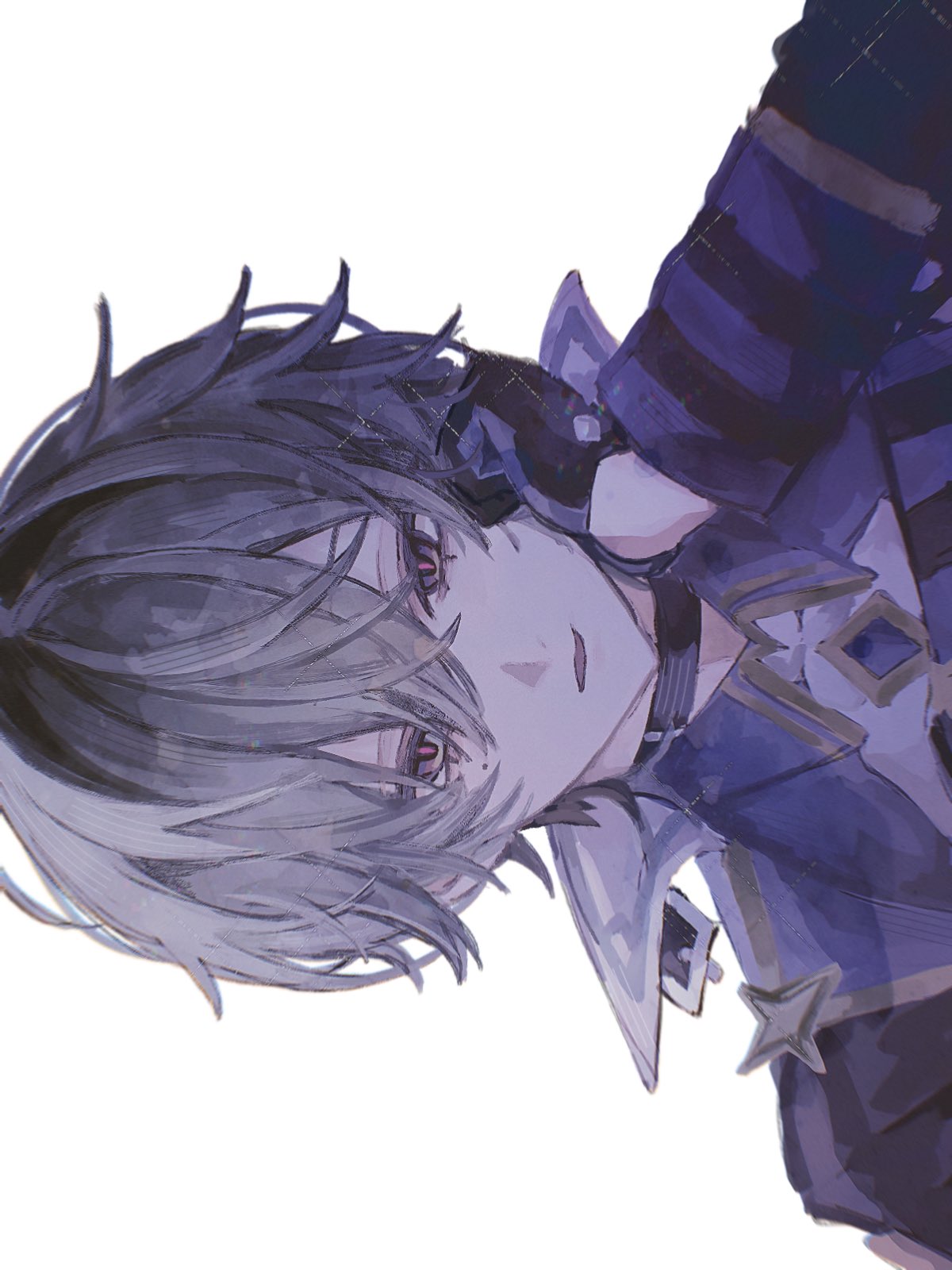 1boy, armor, belt, belt_collar, black_belt, black_gloves, blue_shirt, choker, coat, collar, collared_shirt, genshin_impact, gloves, green_hair, hair_between_eyes, hand_on_own_chest, highres, kasou_0v0, lohen_(genshin_impact), long_sleeves, looking_at_viewer, male_focus, mole, mole_under_eye, multicolored_eyes, parted_lips, shirt, short_hair, shoulder_armor, smile, white_background